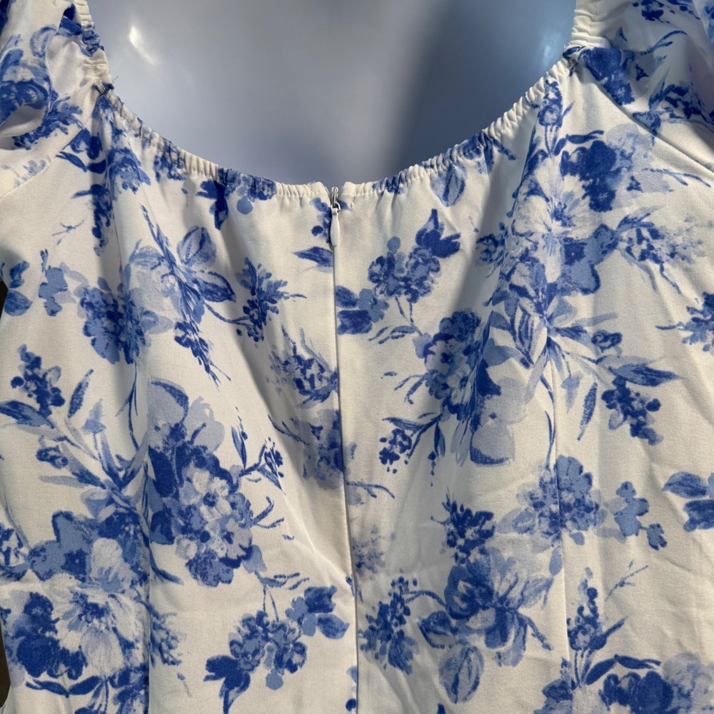 NWT Floral Mini Romper Blue White Puff Sleeve Corset Ruffle Tiered Cottagecore - Picture 4 of 6